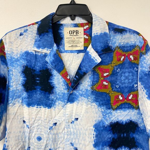 OPB Original Paperbacks Shirt Mens L Blue Button Up Geometric Rayon - Picture 3 of 7
